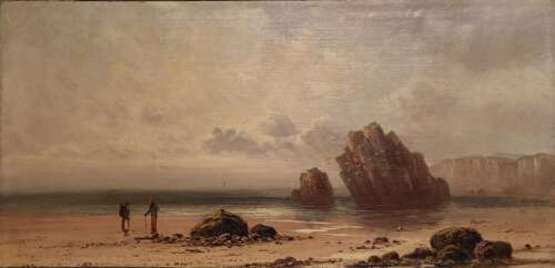 19th Century Coastal Oil Painting – Figures on a Rocky Beach with Dramatic Sea Stacks