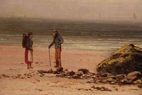 19th Century Coastal Oil Painting – Figures on a Rocky Beach with Dramatic Sea Stacks