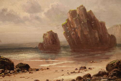 19th Century Coastal Oil Painting – Figures on a Rocky Beach with Dramatic Sea Stacks