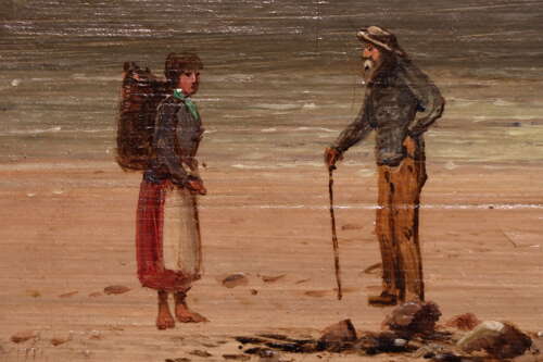19th Century Coastal Oil Painting – Figures on a Rocky Beach with Dramatic Sea Stacks