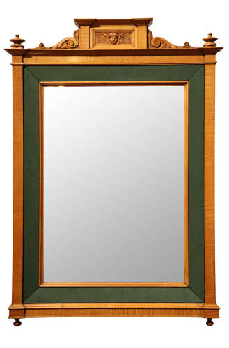 Edwardian Satinwood and Green Fabric Wall Mirror with Carved Cherub Crest, Circa 1910