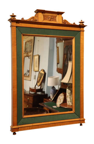 Edwardian Satinwood and Green Fabric Wall Mirror with Carved Cherub Crest, Circa 1910