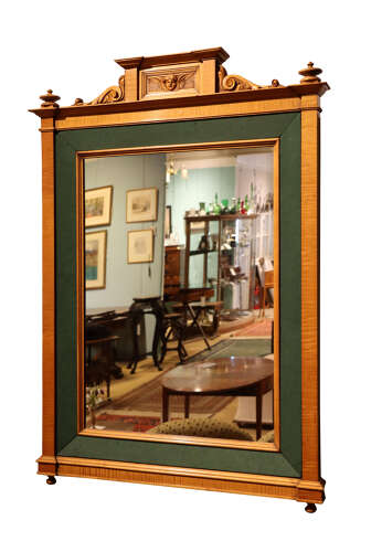 Edwardian Satinwood and Green Fabric Wall Mirror with Carved Cherub Crest, Circa 1910
