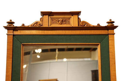 Edwardian Satinwood and Green Fabric Wall Mirror with Carved Cherub Crest, Circa 1910