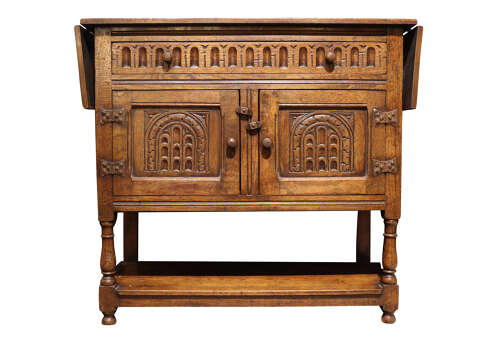 Jacobean Revival Carved Oak Drop-Leaf Side Cabinet, c.1920