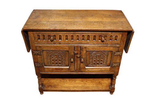 Jacobean Revival Carved Oak Drop-Leaf Side Cabinet, c.1920