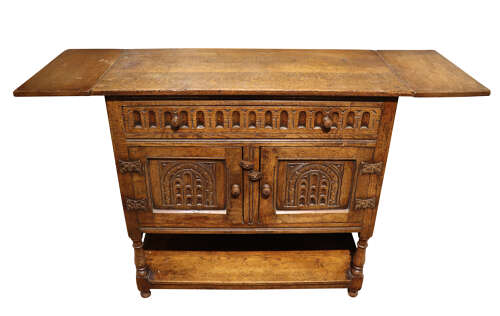 Jacobean Revival Carved Oak Drop-Leaf Side Cabinet, c.1920