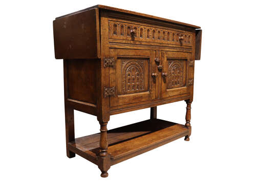 Jacobean Revival Carved Oak Drop-Leaf Side Cabinet, c.1920