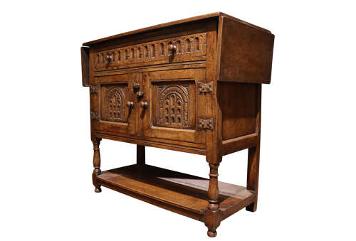 Jacobean Revival Carved Oak Drop-Leaf Side Cabinet, c.1920