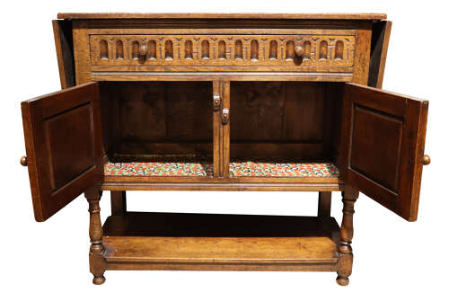 Jacobean Revival Carved Oak Drop-Leaf Side Cabinet, c.1920