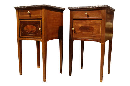 Pair of Victorian Mahogany and Satinwood Inlaid Bedside Cupboards in the Sheraton Style