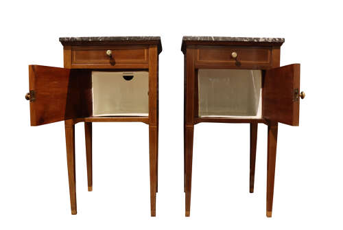 Pair of Victorian Mahogany and Satinwood Inlaid Bedside Cupboards in the Sheraton Style